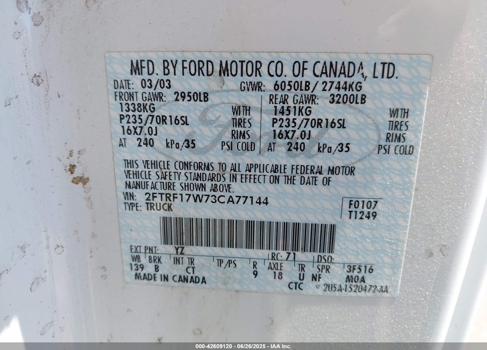 2003 FORD F-150 XL/XLT VIN: 2FTRF17W73CA77144