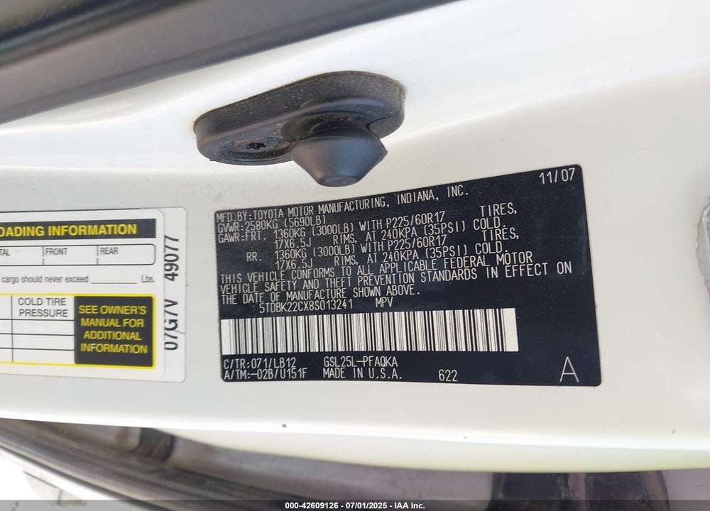 2008 TOYOTA SIENNA LIMITED VIN: 5TDBK22CX8S013241