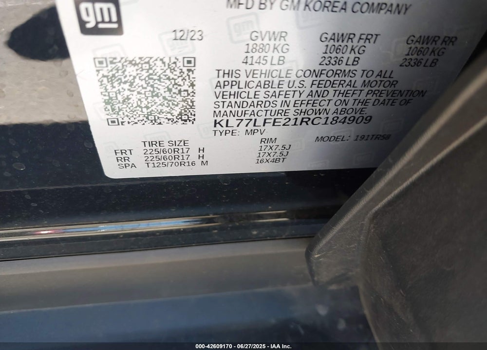 2024 CHEVROLET TRAX VIN: KL77LFE21RC184909