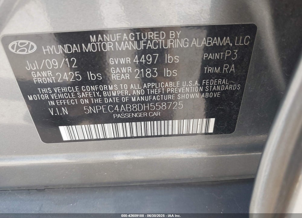 2013 HYUNDAI SONATA VIN: 5NPEC4AB8DH558725