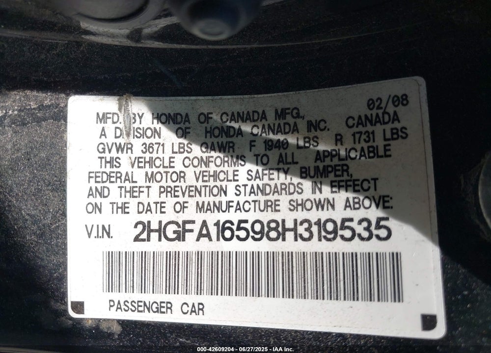 2008 HONDA CIVIC LX VIN: 2HGFA16598H319535