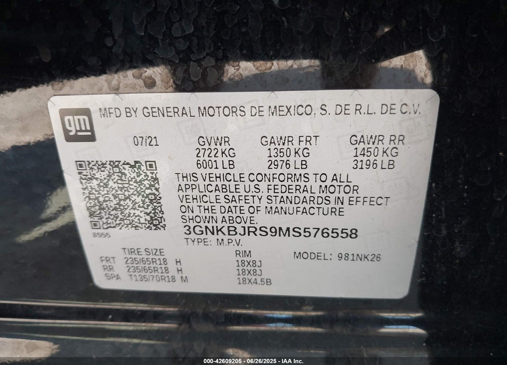 2021 CHEVROLET BLAZER VIN: 3GNKBJRS9MS576558