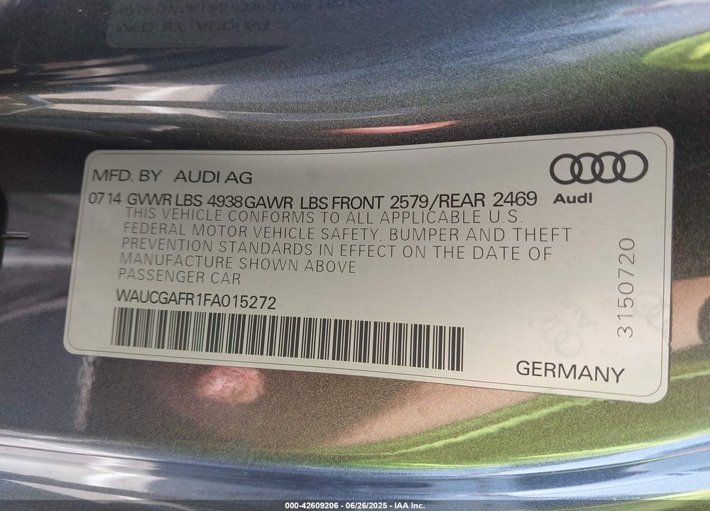 2015 AUDI S5 VIN: WAUCGAFR1FA015272