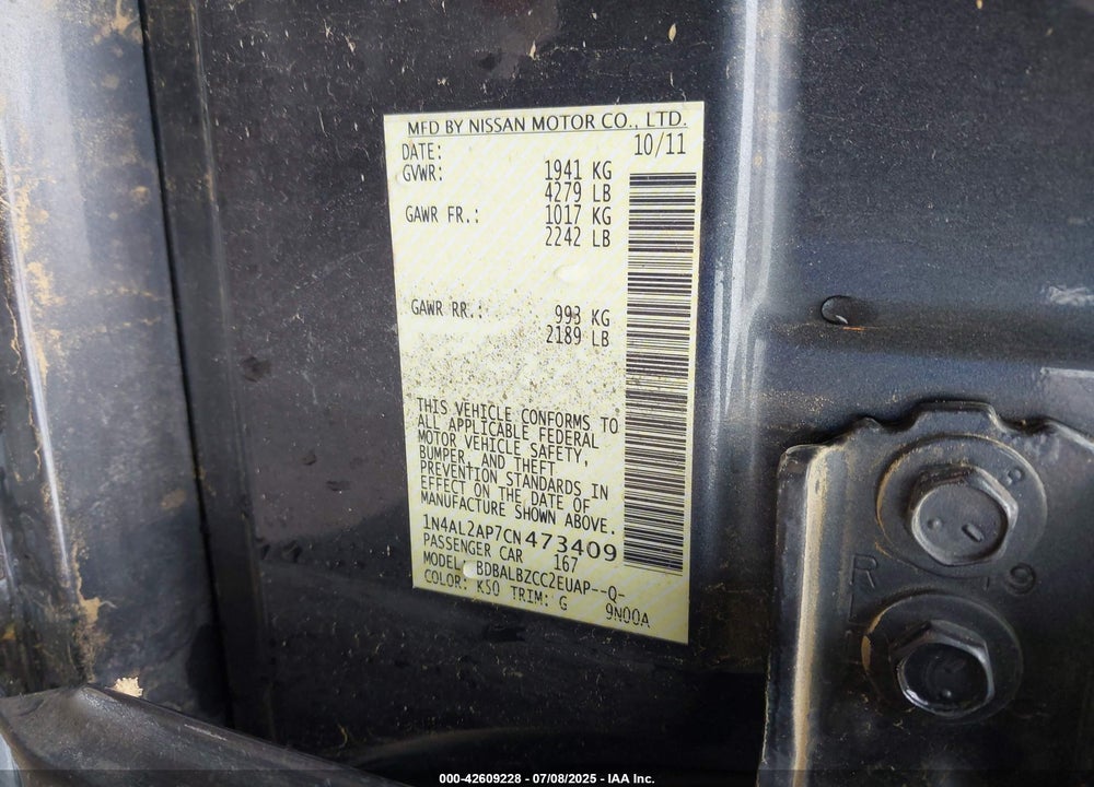 2012 NISSAN ALTIMA 2.5 S VIN: 1N4AL2AP7CN473409