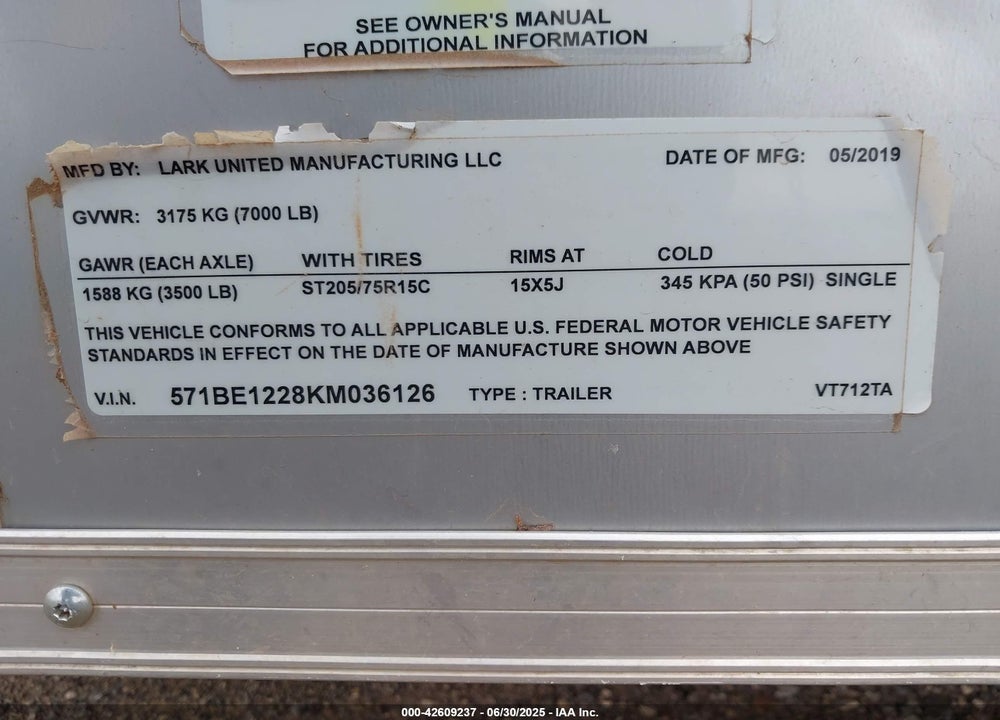 2019 LARK BOG T VIN: 571BE1228KM036126
