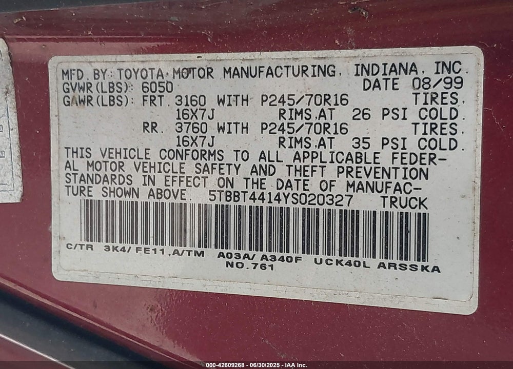 2000 TOYOTA TUNDRA SR5 V8 VIN: 5TBBT4414YS020327