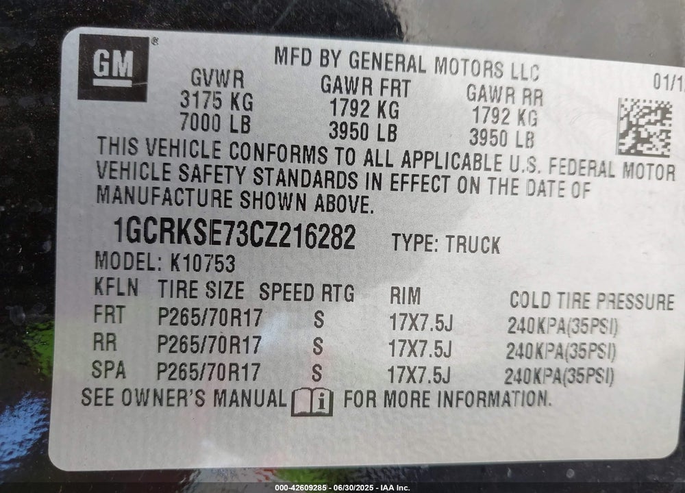 2012 CHEVROLET SILVERADO 1500 VIN: 1GCRKSE73CZ216282