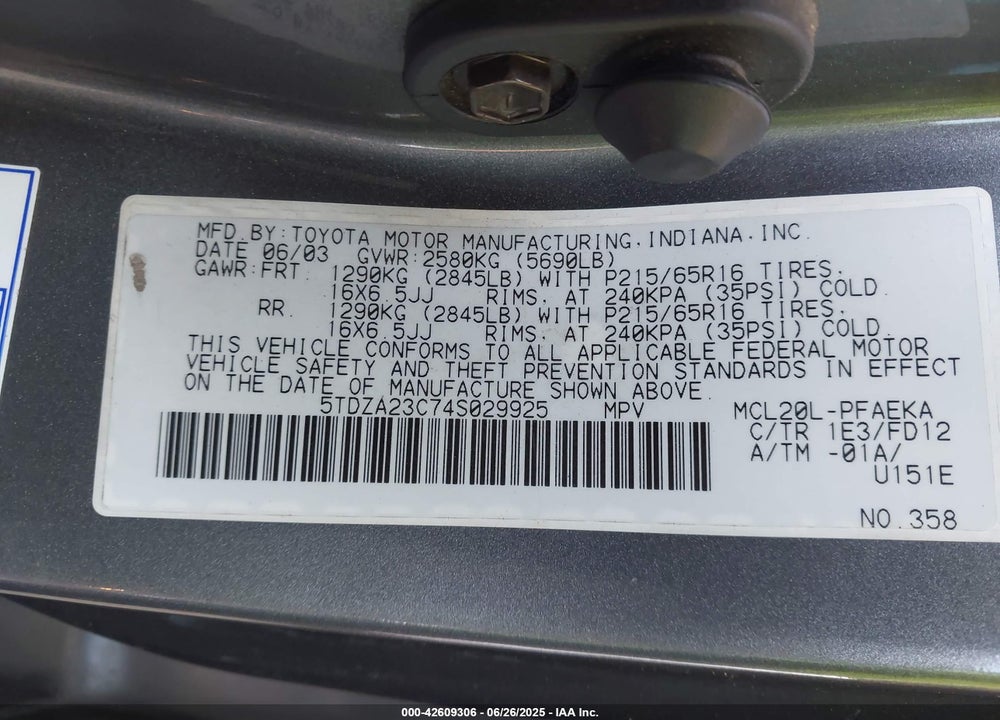2004 TOYOTA SIENNA VIN: 5TDZA23C74S029925