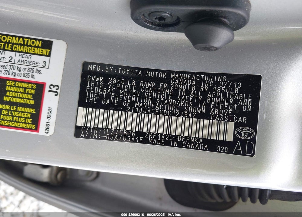 2013 TOYOTA COROLLA VIN: 2T1BU4EE6DC122947