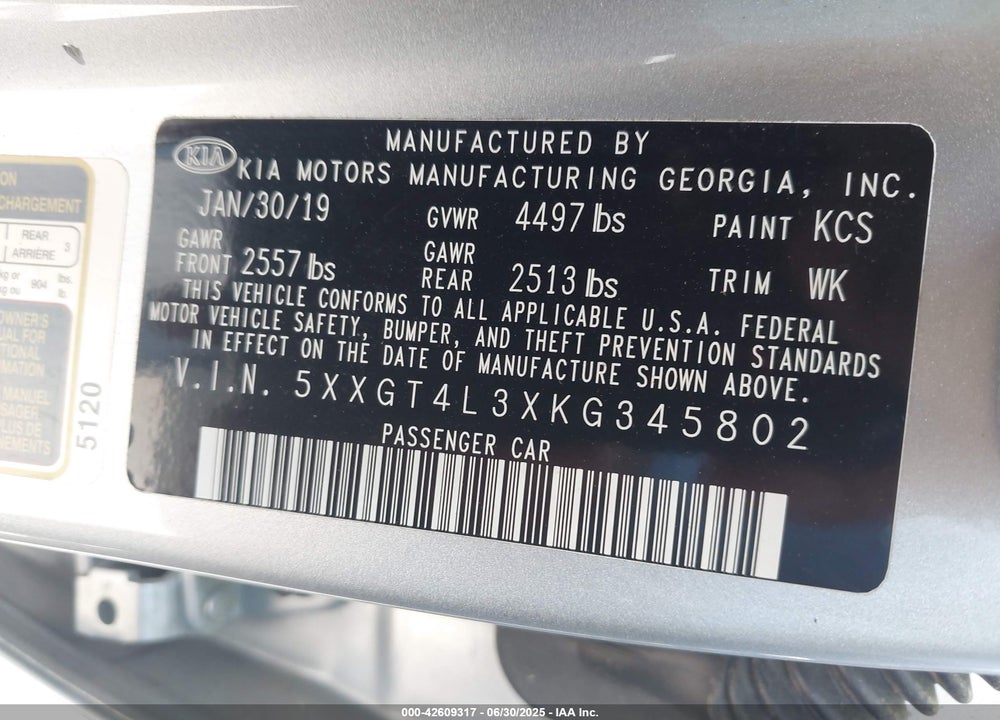 2019 KIA OPTIMA VIN: 5XXGT4L3XKG345802