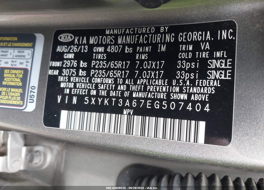 2014 KIA SORENTO VIN: 5XYKT3A67EG507404
