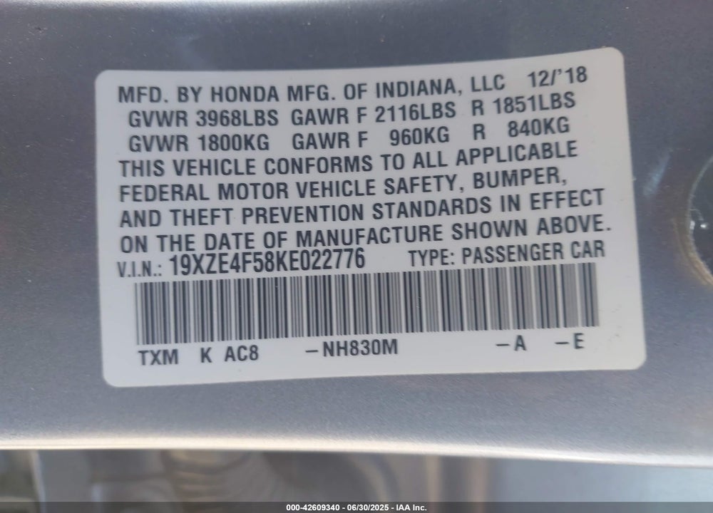 2019 HONDA INSIGHT VIN: 19XZE4F58KE022776