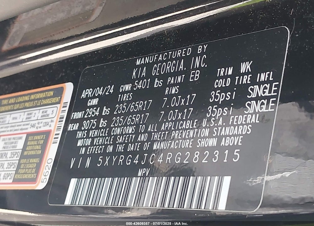 2024 KIA SORENTO VIN: 5XYRG4JC4RG282315