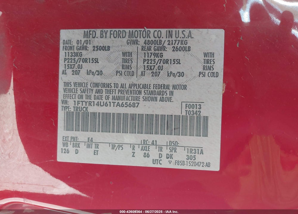 2001 FORD RANGER EDGE/XL/XLT VIN: 1FTYR14U61TA65687