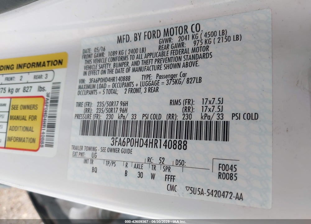 2017 FORD FUSION VIN: 3FA6P0HD4HR140888