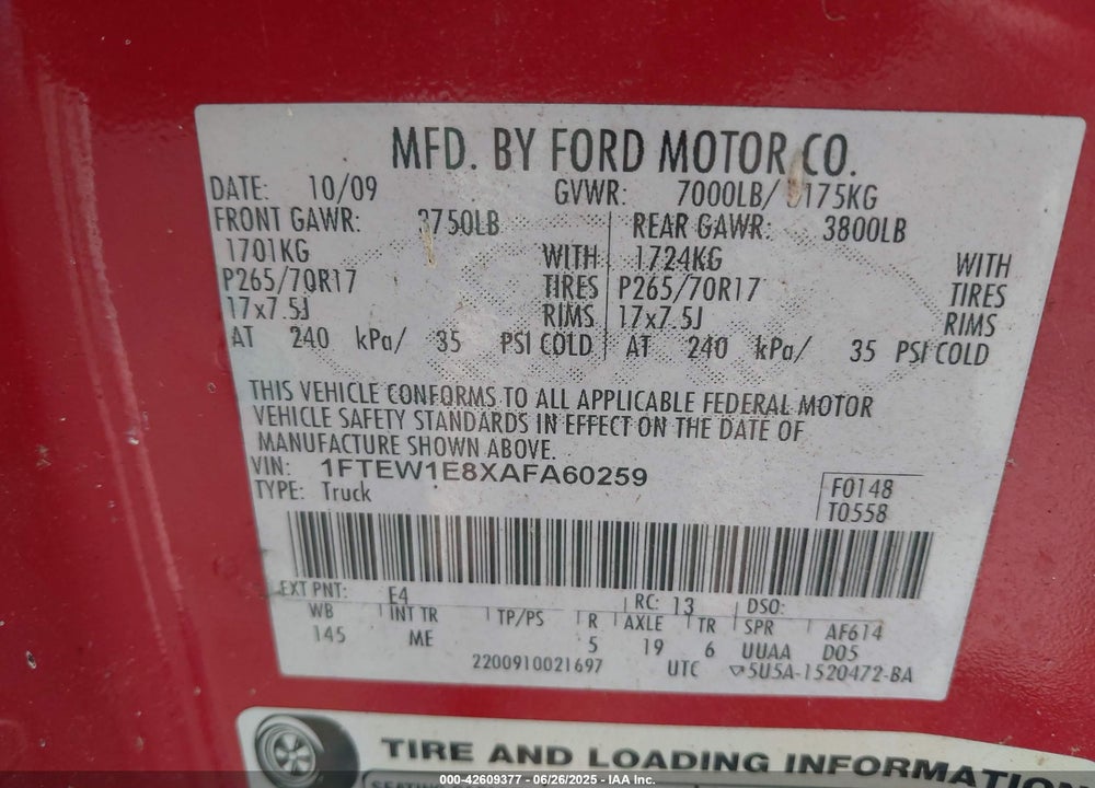 2010 FORD F-150 VIN: 1FTEW1E8XAFA60259