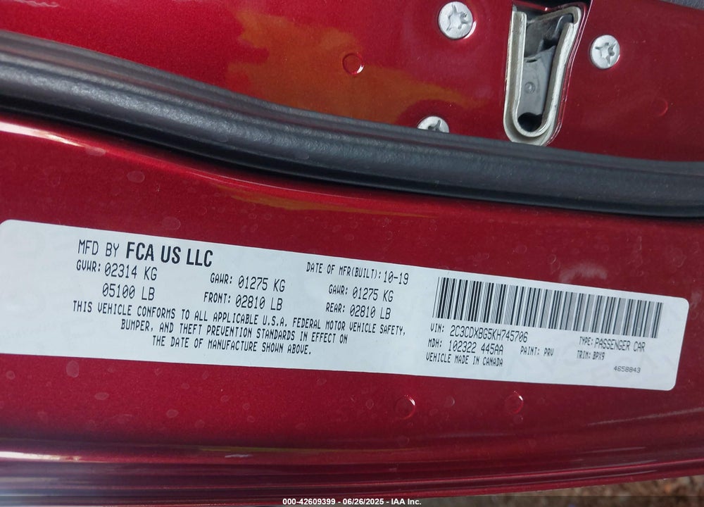 2019 DODGE CHARGER VIN: 2C3CDXBG5KH745706