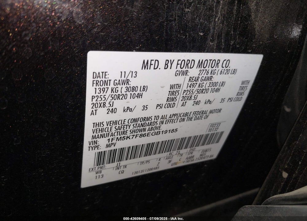 2014 FORD EXPLORER VIN: 1FM5K7F86EGB19185