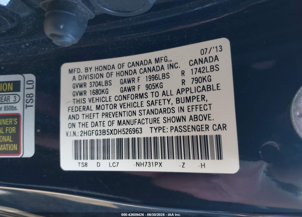 2013 HONDA CIVIC VIN: 2HGFG3B5XDH526963