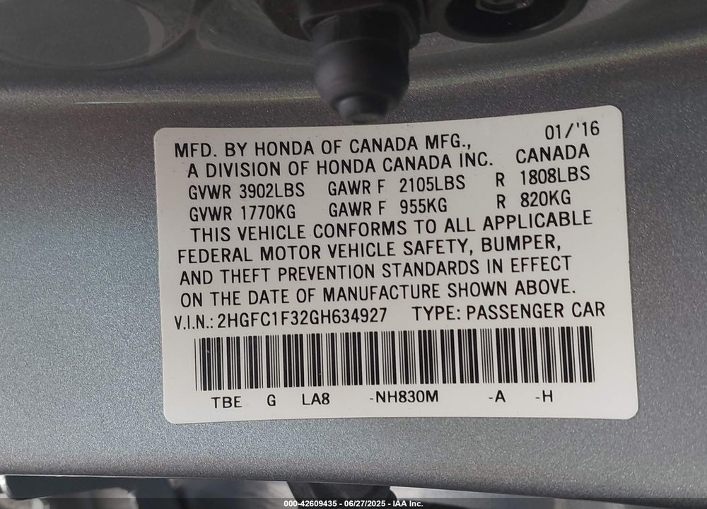 2016 HONDA CIVIC VIN: 2HGFC1F32GH634927