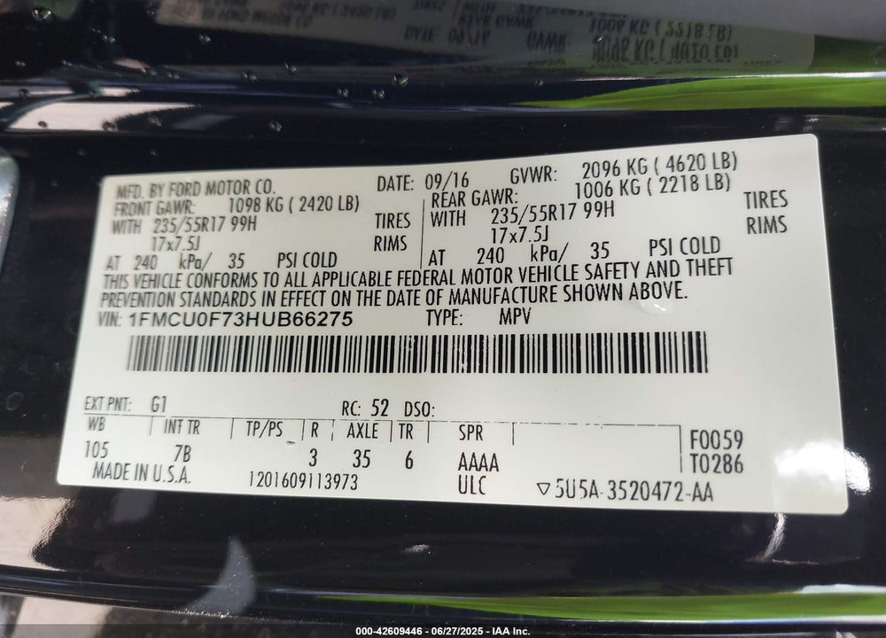 2017 FORD ESCAPE VIN: 1FMCU0F73HUB66275