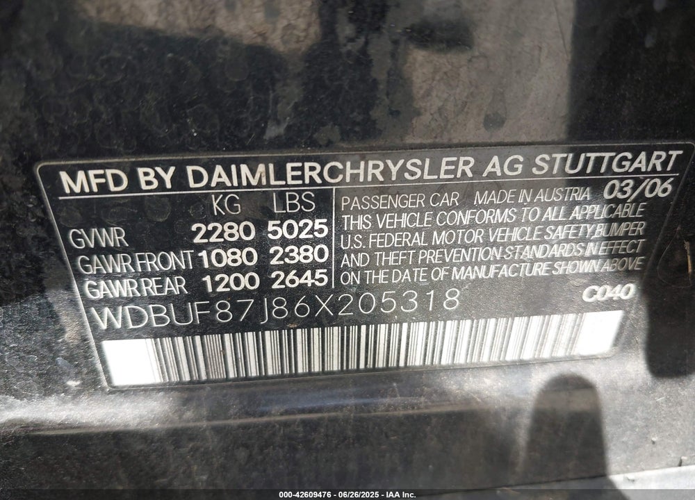 2006 MERCEDES-BENZ E-CLASS VIN: WDBUF87J86X205318