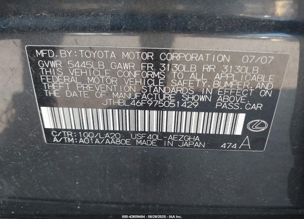 2007 LEXUS LS460 VIN: JTHBL46F975051429