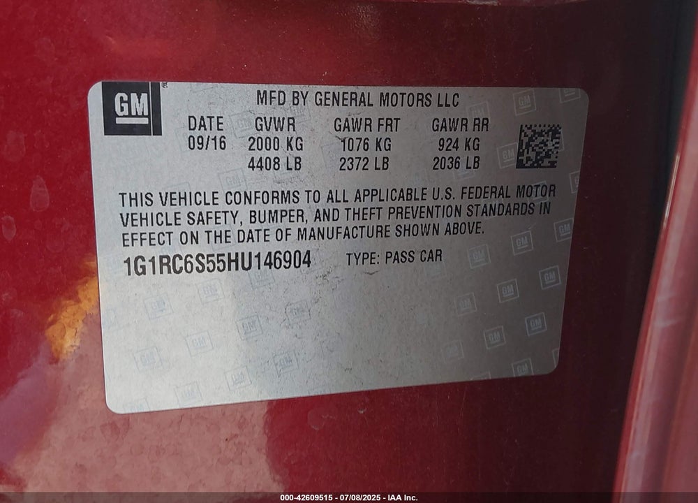 2017 CHEVROLET VOLT LT VIN: 1G1RC6S55HU146904