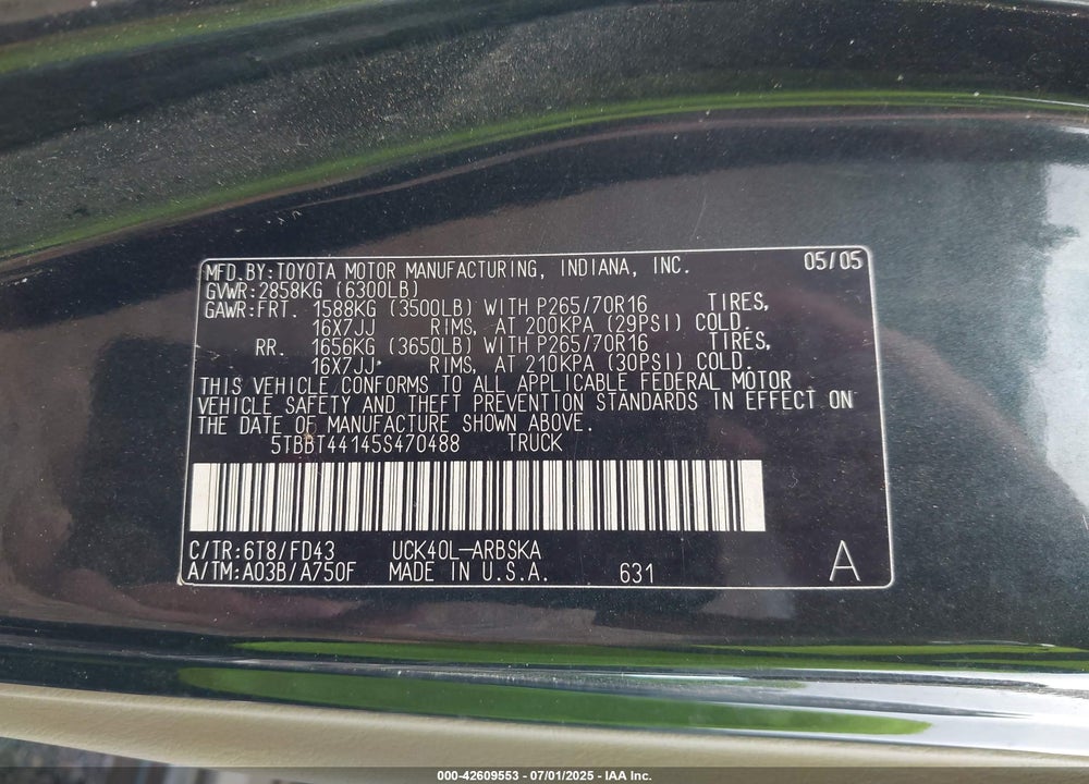 2005 TOYOTA TUNDRA SR5 V8 VIN: 5TBBT44145S470488