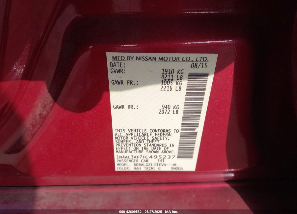 2015 NISSAN ALTIMA VIN: 1N4AL3AP7FC495237