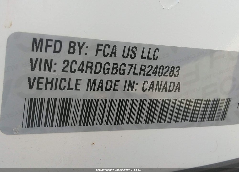 2020 DODGE GRAND CARAVAN VIN: 2C4RDGBG7LR240283