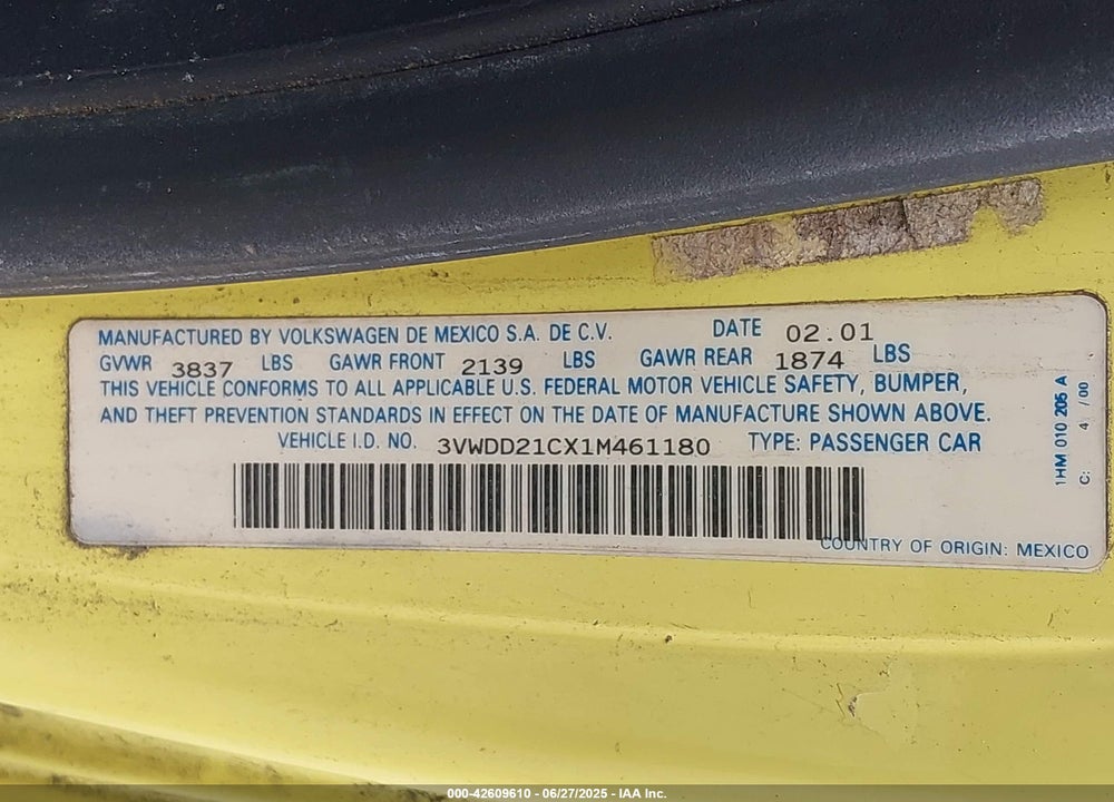 2001 VOLKSWAGEN NEW BEETLE GLX VIN: 3VWDD21CX1M461180