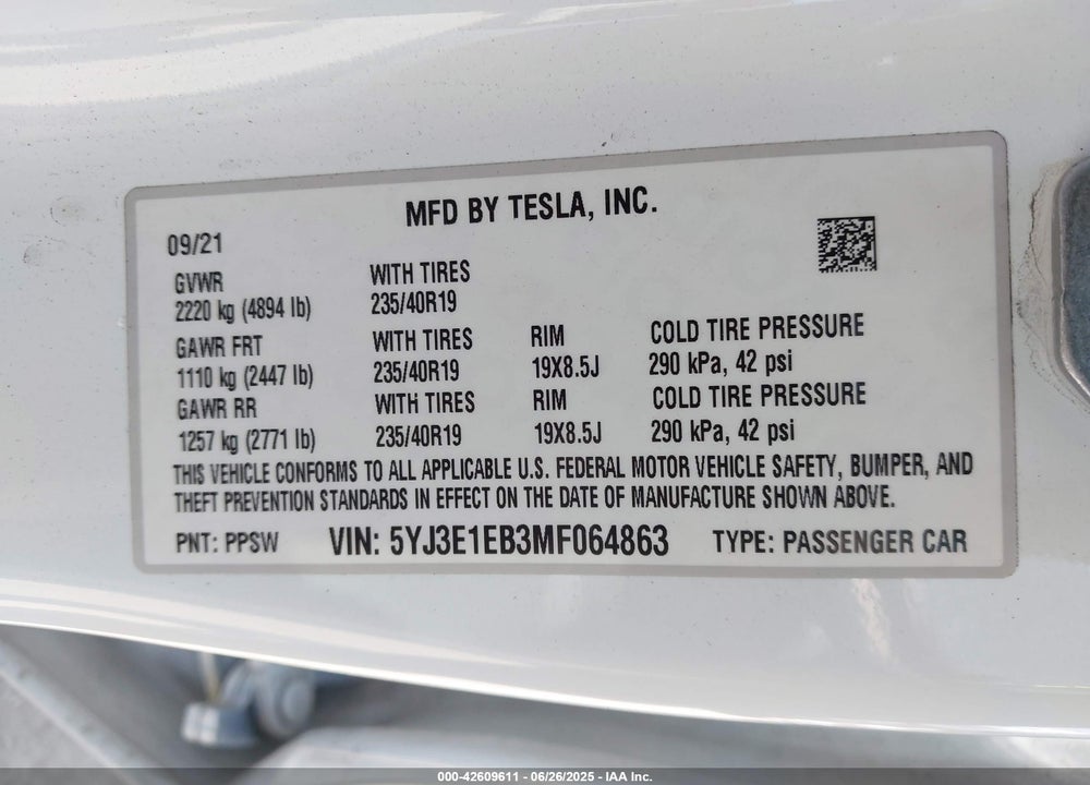 2021 TESLA MODEL 3 VIN: 5YJ3E1EB3MF064863