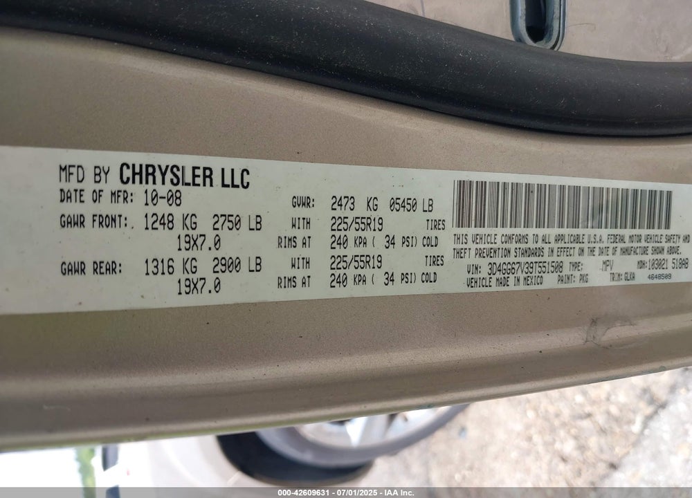 2009 DODGE JOURNEY VIN: 3D4GG67V39T551508