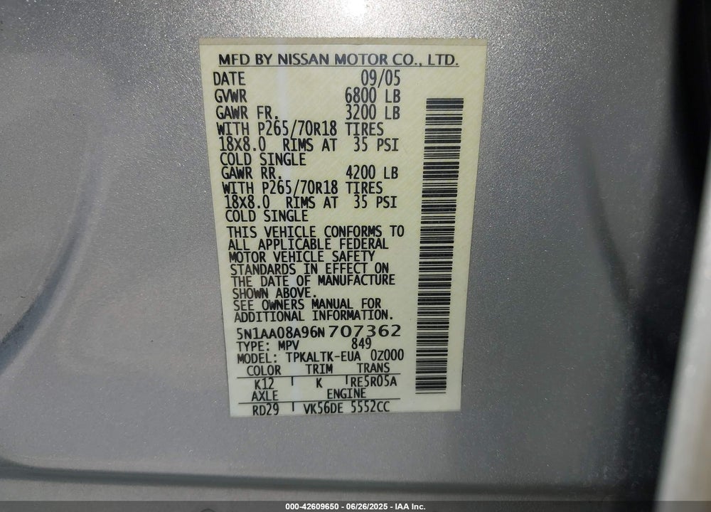 2006 NISSAN ARMADA VIN: 5N1AA08A96N707362
