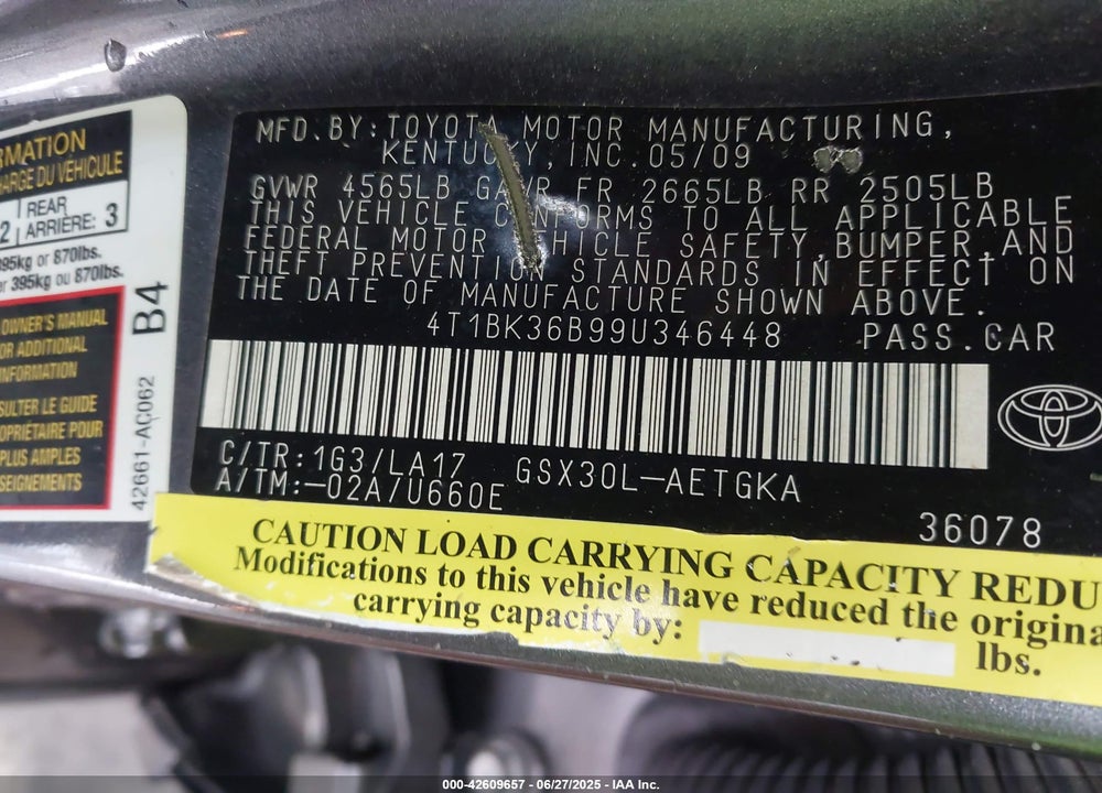 2009 TOYOTA AVALON VIN: 4T1BK36B99U346448