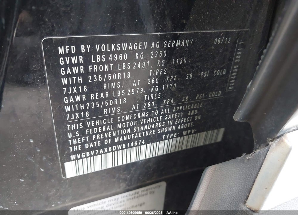 2013 VOLKSWAGEN TIGUAN VIN: WVGBV7AX6DW514674