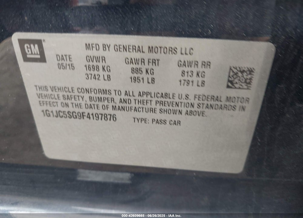 2015 CHEVROLET SONIC LT AUTO VIN: 1G1JC5SG9F4197876