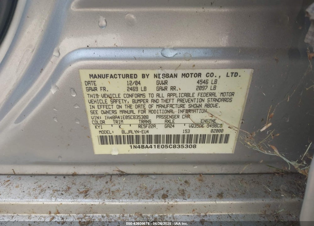 2005 NISSAN MAXIMA 3.5 SE VIN: 1N4BA41E05C835308