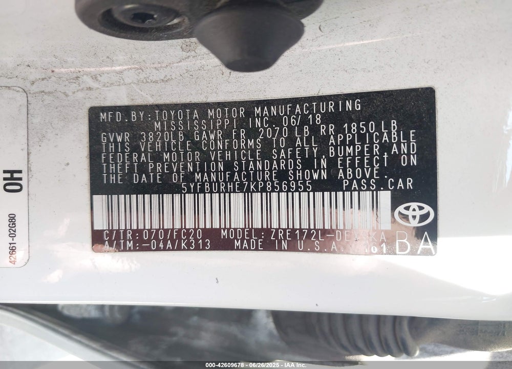 2019 TOYOTA COROLLA VIN: 5YFBURHE7KP856955