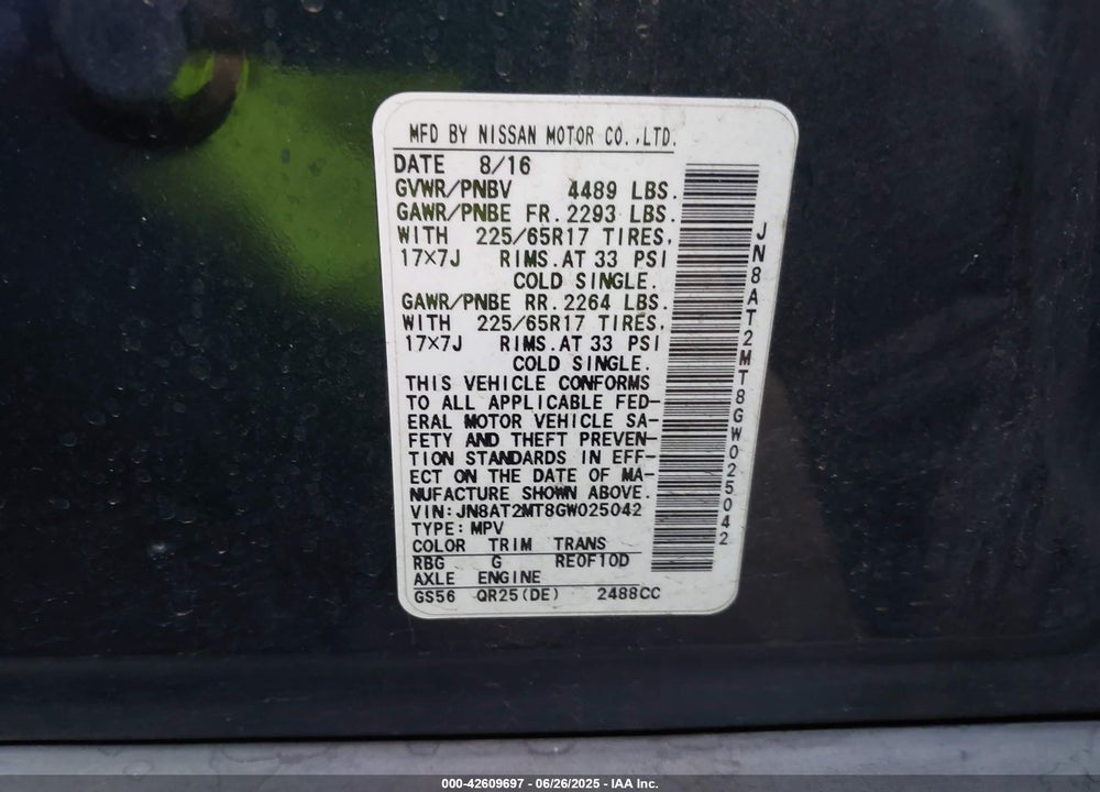 2016 NISSAN ROGUE VIN: JN8AT2MT8GW025042