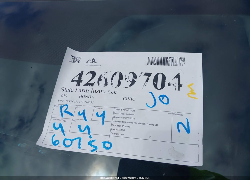 2019 HONDA CIVIC VIN: 19XFC1F34KE216355