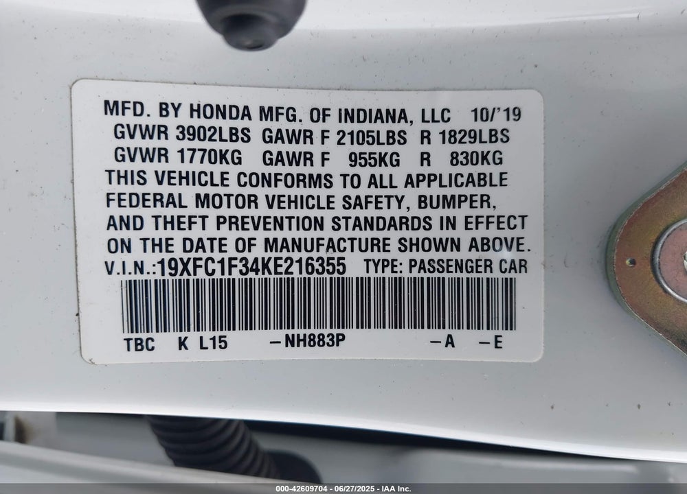 2019 HONDA CIVIC VIN: 19XFC1F34KE216355