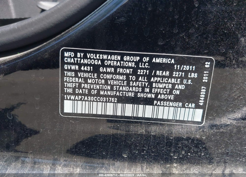 2012 VOLKSWAGEN PASSAT VIN: 1VWAP7A30CC031752