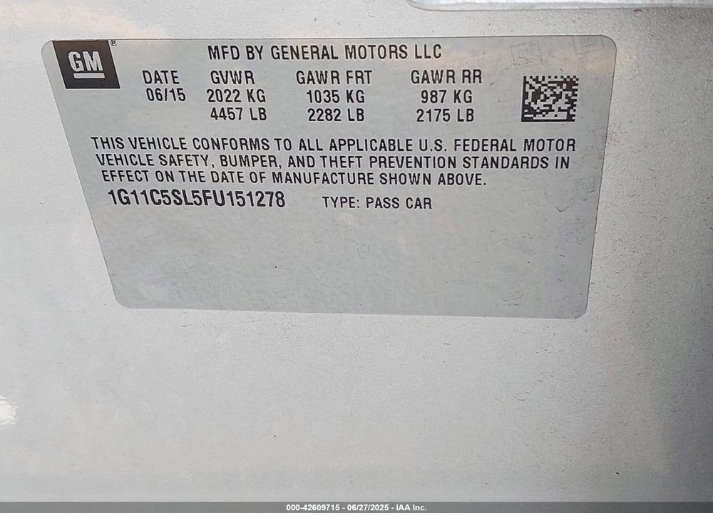 2015 CHEVROLET MALIBU VIN: 1G11C5SL5FU151278