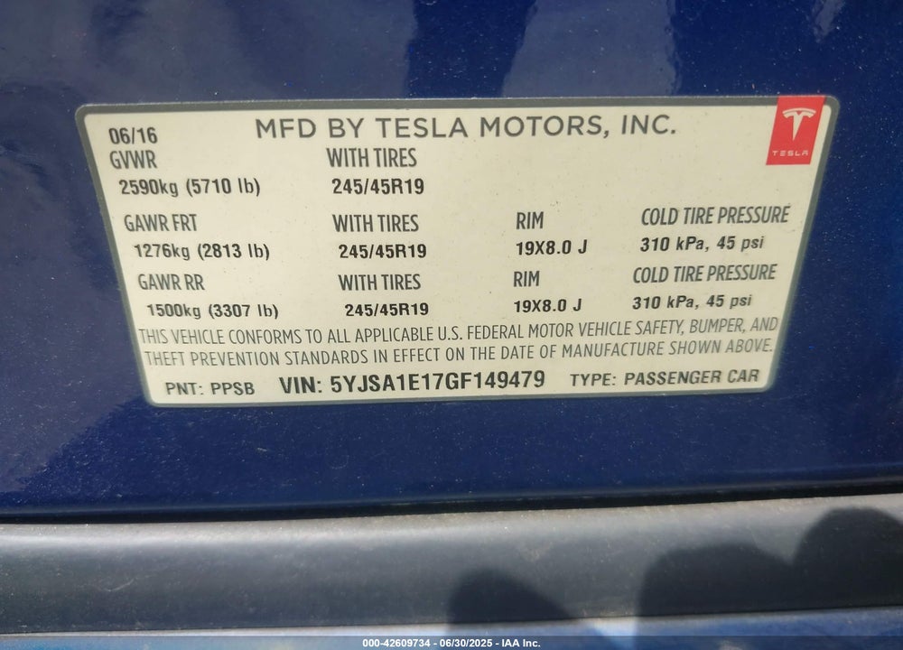 2016 TESLA MODEL S 60/70/75/85 VIN: 5YJSA1E17GF149479
