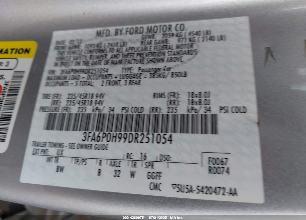 2013 FORD FUSION VIN: 3FA6P0H99DR251054