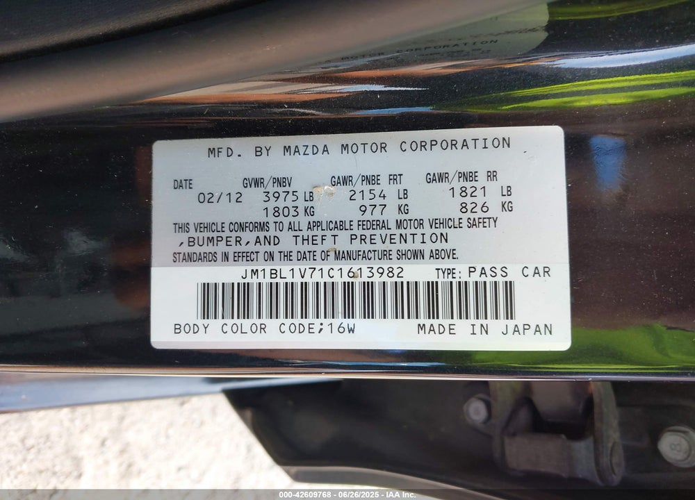 2012 MAZDA 3 I TOURING VIN: JM1BL1V71C1613982
