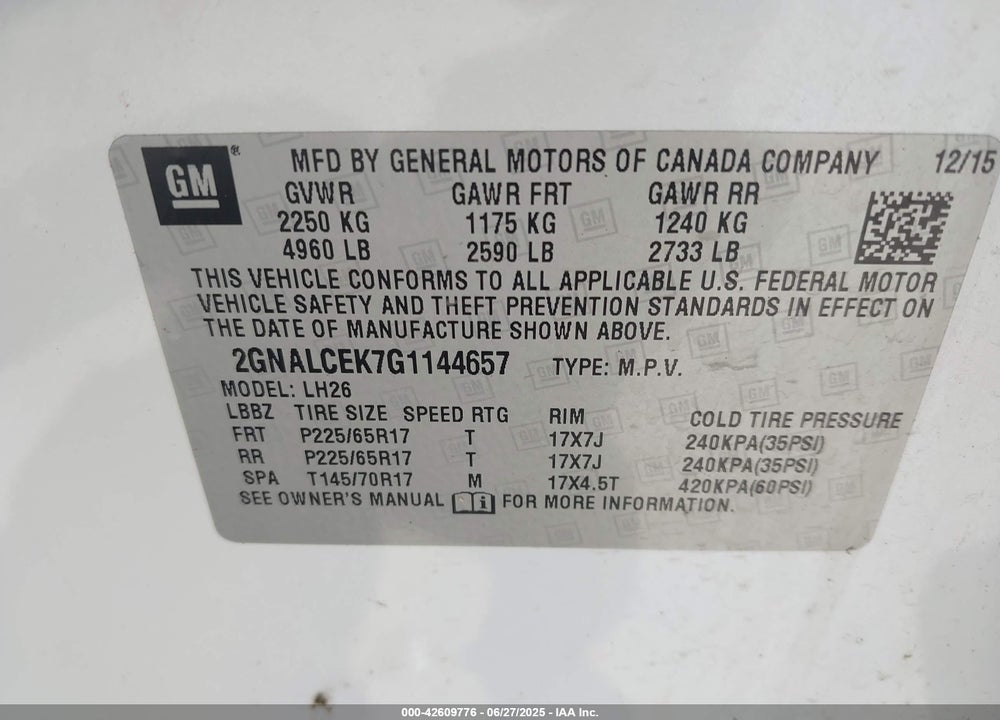 2016 CHEVROLET EQUINOX LT VIN: 2GNALCEK7G1144657