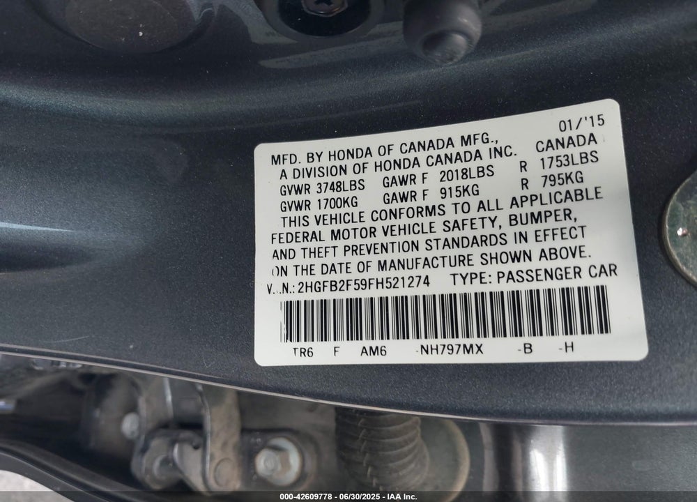 2015 HONDA CIVIC VIN: 2HGFB2F59FH521274